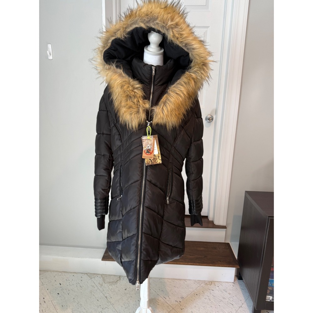 Celsius Womens Black Puffer Parka Faux Fur Hood Double Zip Jacket 1XL NEW nwt - Picture 5 of 15